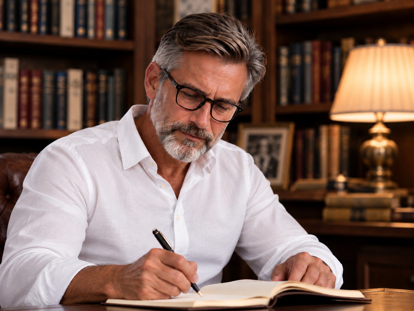 Daniel Whitmore writing at a library desk